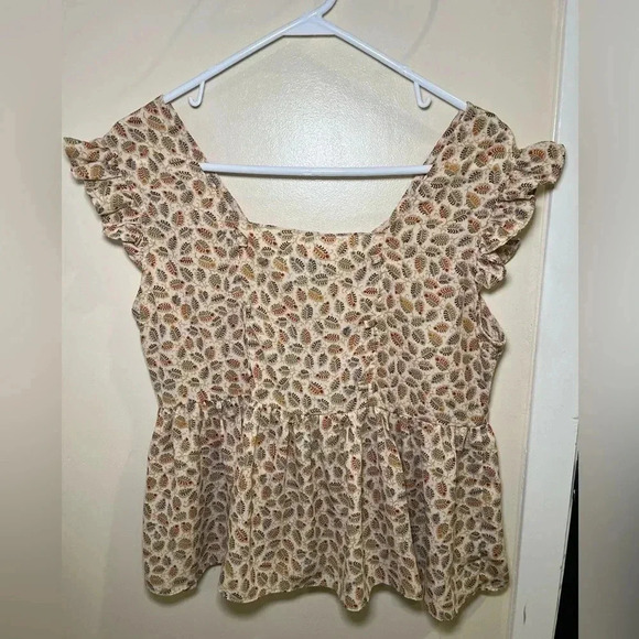 Mod Cloth Molly Bracken Size Large Cream Gold Foil Ruffle Fall V-Neck Blouse - Picture 10 of 12